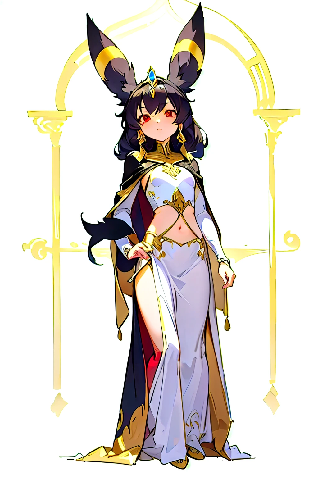 A medieval princess with Umbreon-like ears, inspired by the attire of Arab royalty during the later medieval period. She wears an elegant royal gown adorned with intricate gold embroidery and patterns, reflecting the noble fashion of the late Middle Ages. Her gown is a deep white with a flowing black cape, while her Umbreon-like ears are adorned with delicate medieval jewelry, including small rings. Despite the regal look, her anime-style features stand out—sharp, defined red eyes and a serious expression. Her outfit is a two-piece set: a pastel pink top that covers her chest but leaves her navel exposed, paired with a long, flowing skirt with gold details on the pink fabric. The scene is set in a grand castle courtyard or throne room, framed by medieval architecture in the background. She has a petitte aparience