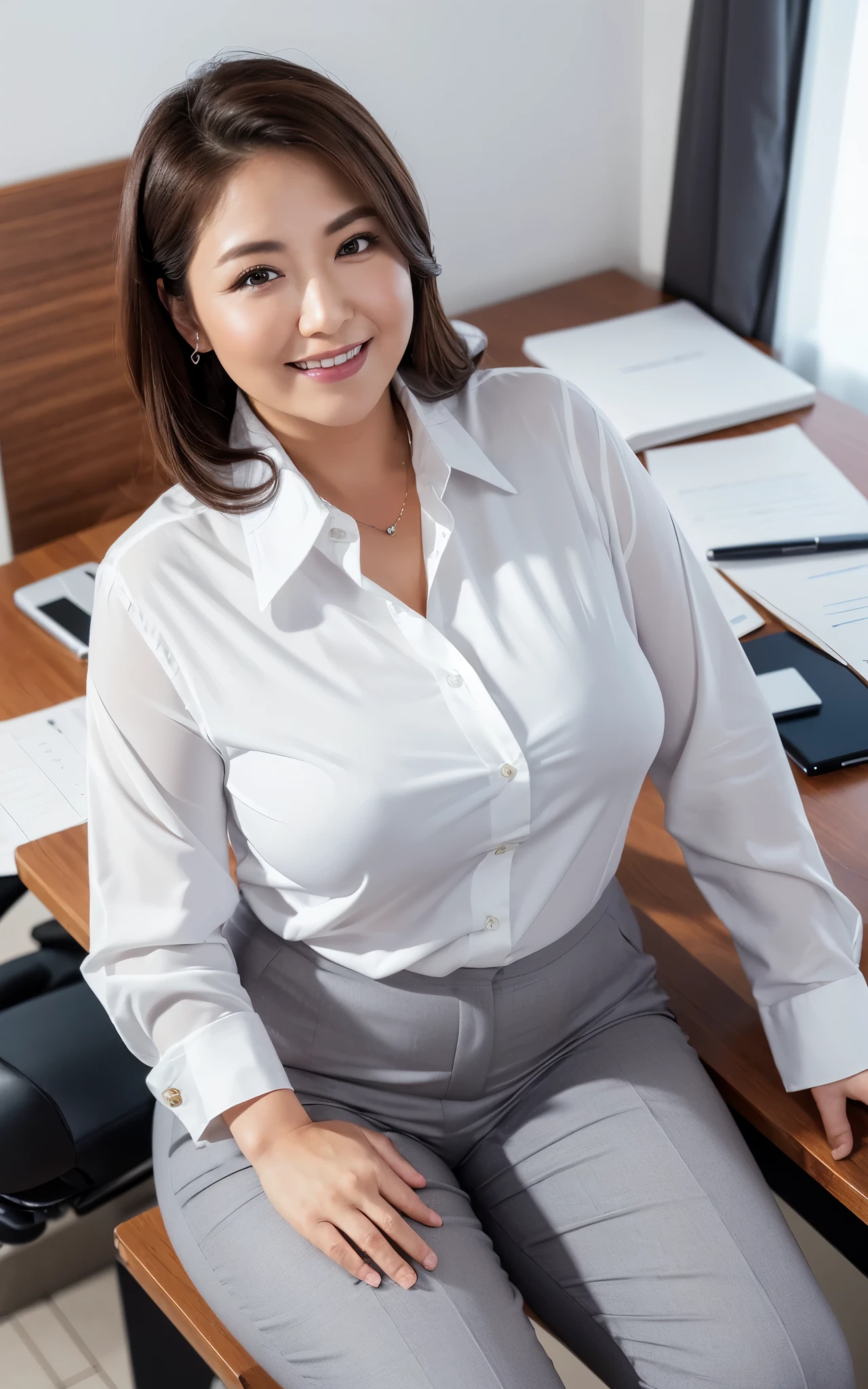 Beautiful Japanese Woman、Beautiful mature woman、Classy sex appeal、sexy、Clear Skin、Perfect lighting、beauty、Glowing Skin、透明なbeauty、8KHigh resolution、beauty in natural light、High resolution、Realistic、masterpiece、Watery eyes、Gravure quality、office lady、Plump figure、Wrinkles around the eyes、uniform、Working in the office、Large Breasts