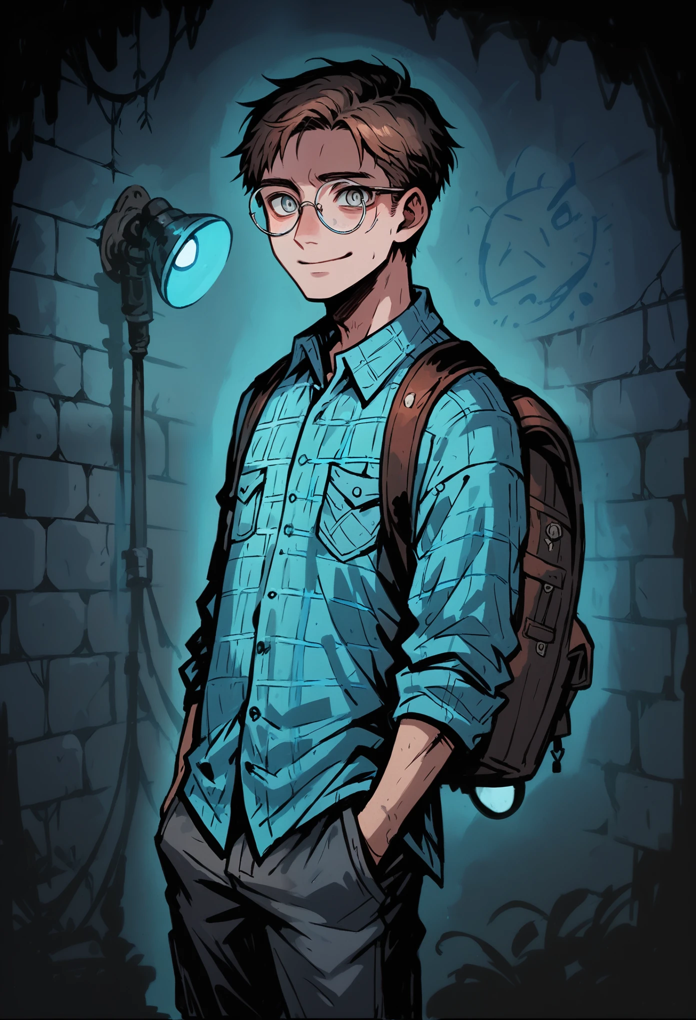 Medium close-up of a pale, slender schoolboy, brown-haired, korean perm hairstyle, straight black hair, contrast blue-gray eyes. He has uncomfortable smile expression, looking directly at the viewer, with a finely detailed, ultra-clear face. Hands in hands in pants pockets. He wears oversized round glasses and a clean nvay blue plaid shirt. Leather backpack. The design is highly detailed, with thick outlines and dramatic lighting, inspired by Chris Bourassa. Blue neon lights behind. The background features a weathered brick wall with blue neon, creating dark and atmospheric scene. Highly detailed, inspired by Chris Bourassa's. Dramatic lightning, a pink blue lamp lights. Somber character design with thick outlines.