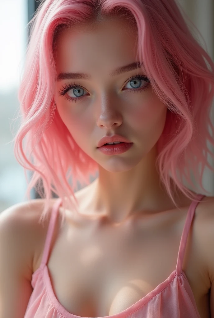 Pink haired emerald green eyed girl leans forward and looks up, emphasizing her huge tits