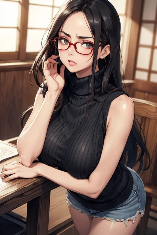 ((Best Quality)), ((masterpiece)), (detailed), One Woman，Beautiful woman，Japanese women，2. Married women，Beautiful body lines，Beautiful Face，Clear Eyes，Hard, Beautiful Skin，Beautiful Hands，Beautiful legs，Long limbs，Black Hair，Beautiful Long Hair，Shiny Hair，Thin lips，Mouth half open，Big Boobs，Blushed，Red cheeks，Embarrassed look，Heavy breathing，Expressions of Ecstasy，Black-rimmed glasses，Dull eyes behind glasses，
Full body shot，Standing，Leaning forward，Woman upset，
Wearing a grey knitted sweater，Turtleneck sweater，Sleeveless sweater，Sleeveless sweater，Beautiful clavicle，The sweater fits the woman snugly.&#39;Body，Nipples Standing，The fabric of the sweater is thin，NSFW love juice running down thighs，Are you seducing me??？Crying face，Climax expression，Expression of pleasure，Orgasm facial expression，Red cheeks，A lot of love juice comes out of the mouth，Pussy in full view，Plenty of love juice from the pussy