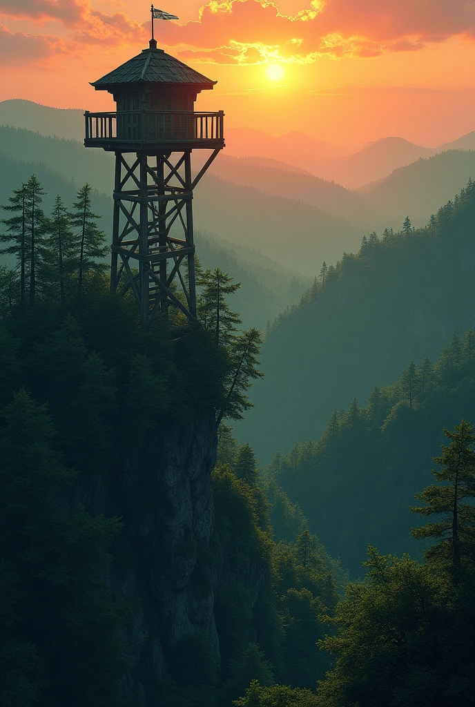 small watchtower, in the middle of a giant forest seen from above to the horizon of a setting sun, and further in the background, ruins of a wooden village lost in the trees