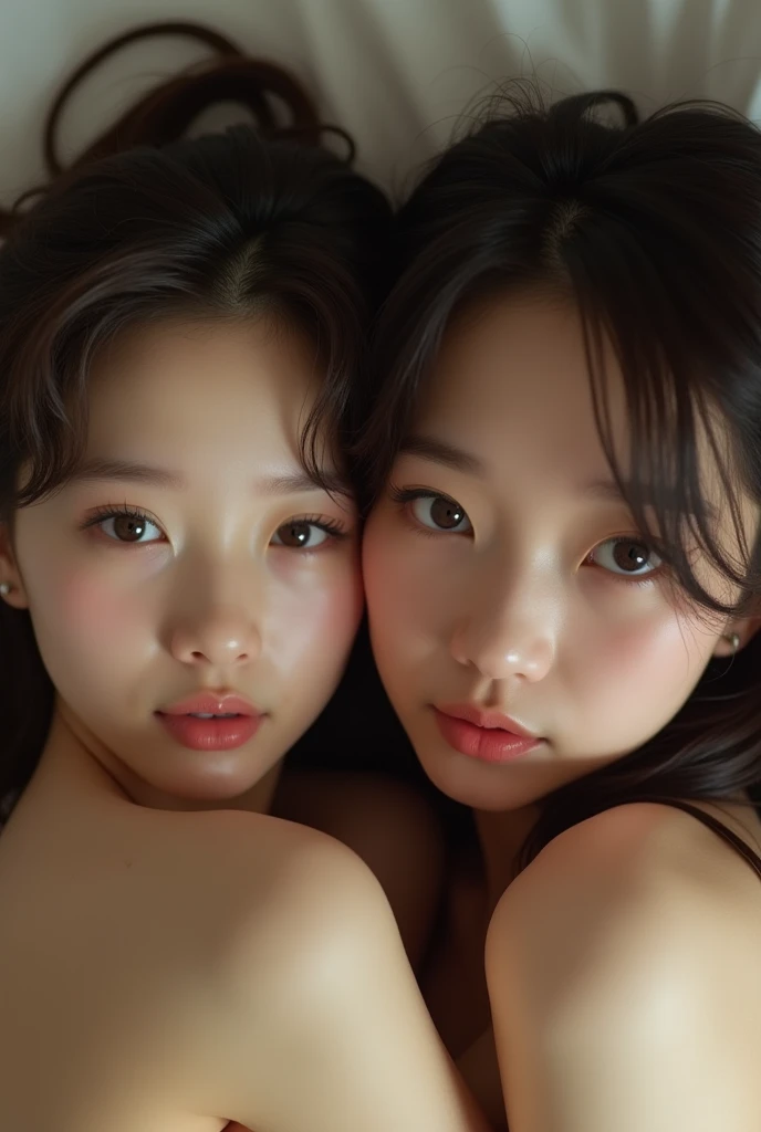 (two japanese girls),(((Spray the same amount of semen on both of their faces))),One is a 22-year-old beautiful slender model with short hair,One is an 18-year-old cute long-haired gravure idol with big breasts,((Open your mouth wide and show your throat)),(both of them are naked),small areola,((look into a woman's face from above)),press each other's breasts,cheek to cheek,(((view audience))),((blank background)),contempt