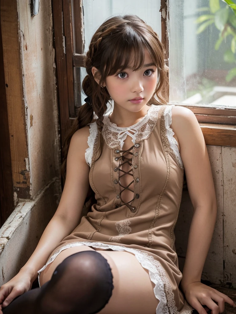 Perfect photo, (masterpiece), 8k, Highest quality, Expressive eyes, Perfect Face, Perfect hands, Perfect Fingers, high resolution, Realistic skin texture, Realistic, (Japanese, beautiful girl, 1girl), Light brown hair, Long Hair Curls, Brown eyes, Big eyes, Small face, Baby Face, ((full-face blush, C shy)), ((Sleeveless lace-up mini dress, Thigh Highs)), In an abandoned house, in a trash house, ((reclining, Holding a sex toy, There's a puppy nearby)), Outside the window is a night view, nsfw