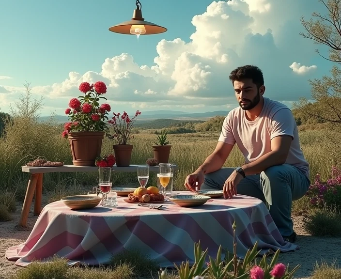 A photo of Oberyn lounging in a luxurious outdoor hot spring, surrounded by beautiful flowers and drinking a glass of wine,Game of Thrones TV series,Oberyn is a tall man with black hair and a beard, famously portrayed by Pedro Pascal