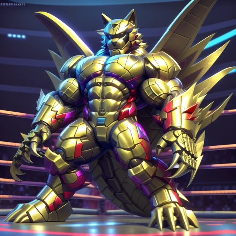 (freddy wolf, 8K), (freddy wolf's giant robot, Powered exoskeleton with the same design as freddy wolf), (Masterpiece, highres) (Detailed head, Detailed Body, Detailed abs, full body) (gigantic muscles, Gigachad Muscular, big muscle, pecs, triceps, traps, unusually developed muscular body, body full of huge muscles. showing off muscles, pectorales enormes, Exaggeratedly huge muscles.) (nj5furry, The claws are sharp, Sharp teeth, sharp claws), (long legs), (Spread wings, It has wings, have big wings, golden wings), (Wrestling, wrestler, the bodybuilding), (It has wings, whole body shines like metal, Wearing cyberpunk mecha, emphasizes the muscles, suit fully made of metal, intricate armor, Robotic suit, suit fully made of metal, cyborg), menacing pose, The whole body is golden. no face. BULK UP. The whole body is golden. wearing a full-face helmet. no blue. no red. A pose that shows off your muscles.