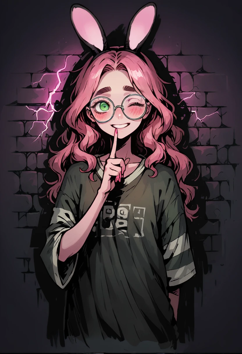 Medium close-up of a pale, slender girl, long wavy hair, korean pink hair, thick eyebrows and contrast green eyes. She is short and has a playful expression with one eye closed, a smile, blush, and big, oversized glasses. Her face is ultra-clear and finely detailed. One arm behind back. Second arm victory sign fingers. She wears oversized woolen longsleeve, striped pink-white longsleeve, pink woolen longsleeve. She has white nails and white woolen bunny ears. The design is highly detailed, with thick outlines and dramatic lighting, inspired by Chris Bourassa. Pink neon disk behind. The background features a weathered brick wall with pink neon lights, creating dark and atmospheric scene. Highly detailed, inspired by Chris Bourassa's. Dramatic lightning, a pink neon lamp lights. Somber character design with thick outlines.
