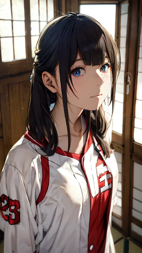 a woman in a baseball uniform posing for a picture, a picture, by Yuki Ogura, tumblr, shin hanga, live2d virtual youtuber model, joey king, single !!tear!!, one day, medium shot taken from behind, kimi no na wa, mamoru nagano, [ zero - gravity ]!!, myazaki, only one character, exclusive