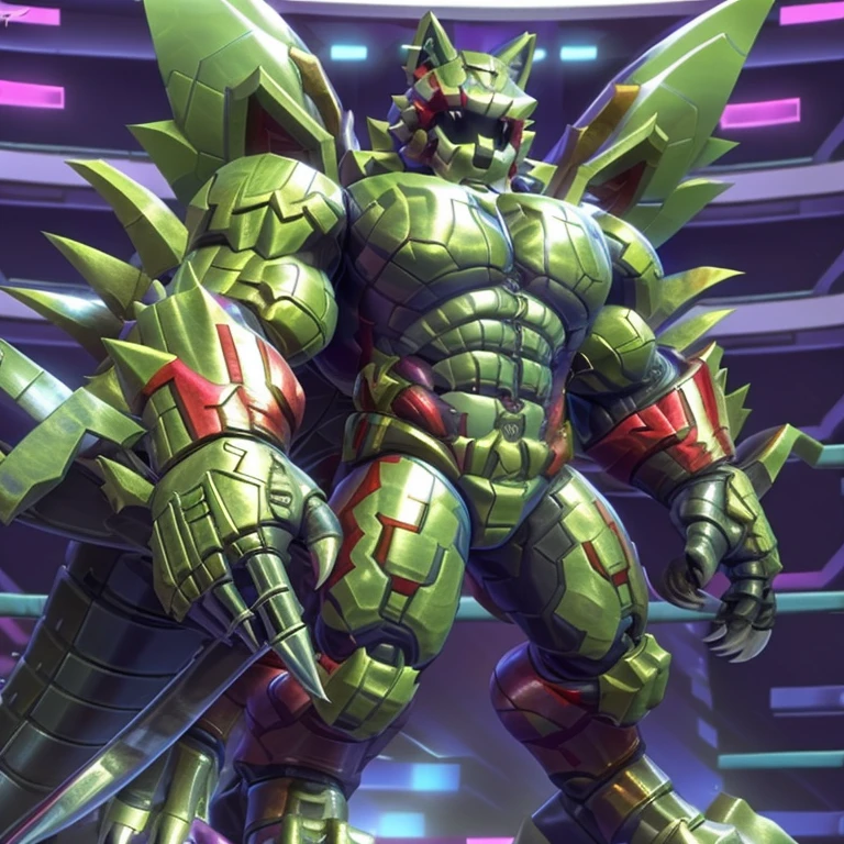 (freddy wolf, 8K), (freddy wolf's giant robot, Powered exoskeleton with the same design as freddy wolf), (Masterpiece, highres) (Detailed head, Detailed Body, Detailed abs, full body) (gigantic muscles, Gigachad Muscular, big muscle, pecs, triceps, traps, unusually developed muscular body, body full of huge muscles. showing off muscles, pectorales enormes, Exaggeratedly huge muscles.) (nj5furry, The claws are sharp, Sharp teeth, sharp claws), (long legs), (Spread wings, It has wings, have big wings, golden wings), (Wrestling, wrestler, the bodybuilding), (It has wings, whole body shines like metal, Wearing cyberpunk mecha, emphasizes the muscles, suit fully made of metal, intricate armor, Robotic suit, suit fully made of metal, cyborg), menacing pose, The whole body is golden. no face. BULK UP. The whole body is golden. wearing a full-face helmet. no blue. no red. A pose that shows off your muscles.