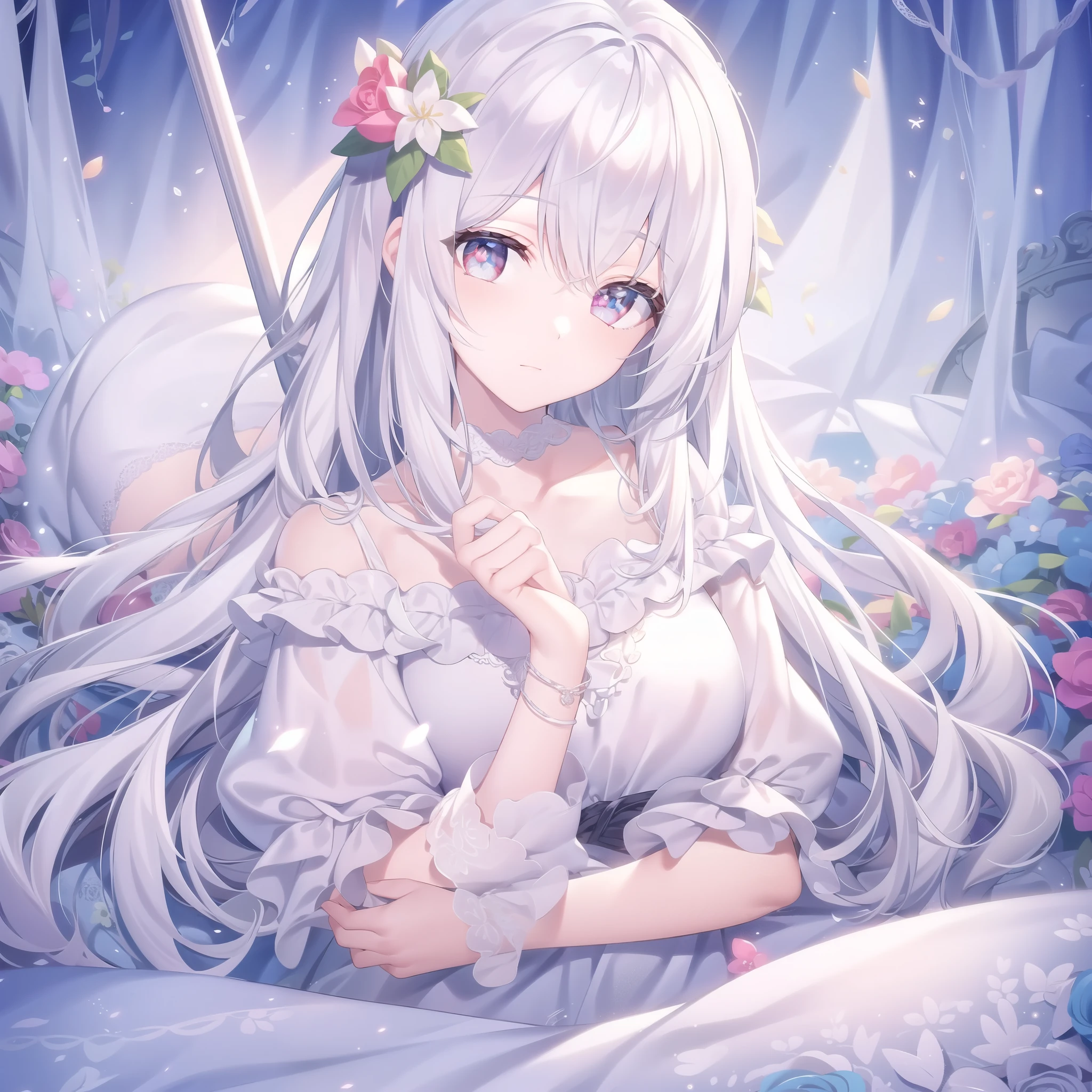 Anime girl with long white hair and white dress sitting in a bed ...
