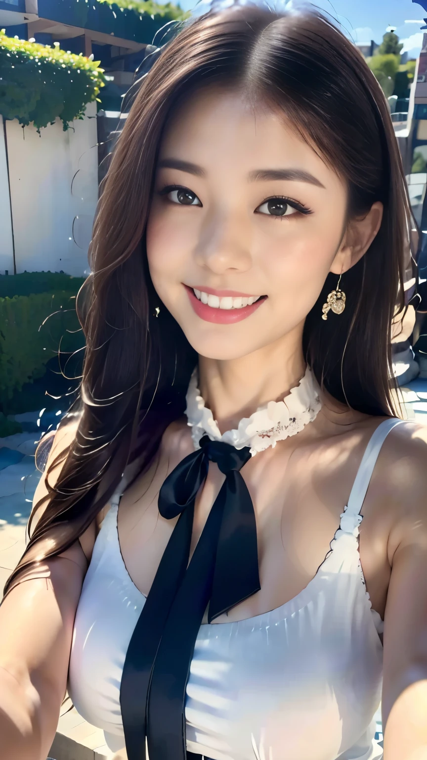((top-quality、8K、​masterpiece:1.3))、Capture Japan schoolgirl spending time on school grounds。She is in uniform。a miniskirt、1girl in、beautfull Japanease woman:1.3、(Long hairstyles、tits out:1.2)、Red checked skirt:1.2、Beautiful Women in Perfect Style：1.4、Perfect eyes、Even-eyed、Perfect iris、Perfect lips、Natural smile、flawless skin、no moles、Super Detail Face、Delicat eyes、二重まぶた、Soft breasts、A smile、Exposed cleavage、