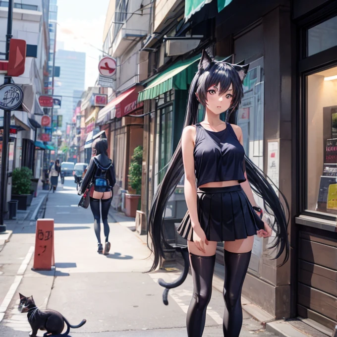 A woman in leggings and a mini skirt　Anime girl with long hair and cat ears in the city,　