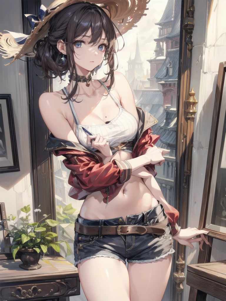 maryms, Best Quality,(beauty), 1girl,phisically-based render ,ultra highres,(cowboy shot:1.5),narrow waist, skinny, LeonaMS ,muscular, big blue eyes,long legs,jeans,leather belt,small breasts,puffy eyes, leather belt,(rainy city), shiny skin, facing viewer, Victory posture, --auto
