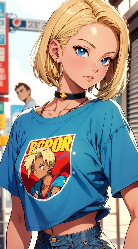 Beautiful girl with short blonde hair, hoop earrings, Printed T-shirt, cinematic angle, vibrant colors, 90s vintage style, retro style, 90s, 90s anime style, Akira Toriyama style, Toriyama style, 