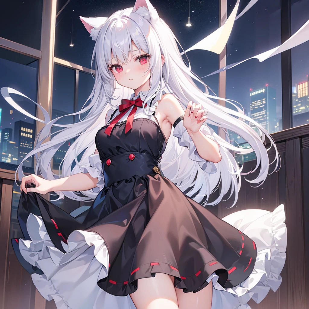 ((masterpiece, Highest quality, Highly detailed CG, unity 8k wallpaper,)), One woman, darkness、 Maid clothes with short skirts、I can barely see your face、Red eyes、assassin、Eyes that shine mysteriously、White Hair、Wolf Cut、I can see your thighs、I can see your underwear、Cat ears、Pants-like skirt、Shoulders stick out、Lace underwear、Embarrassed look、Pull up your skirt with your own hands、Blushing, 