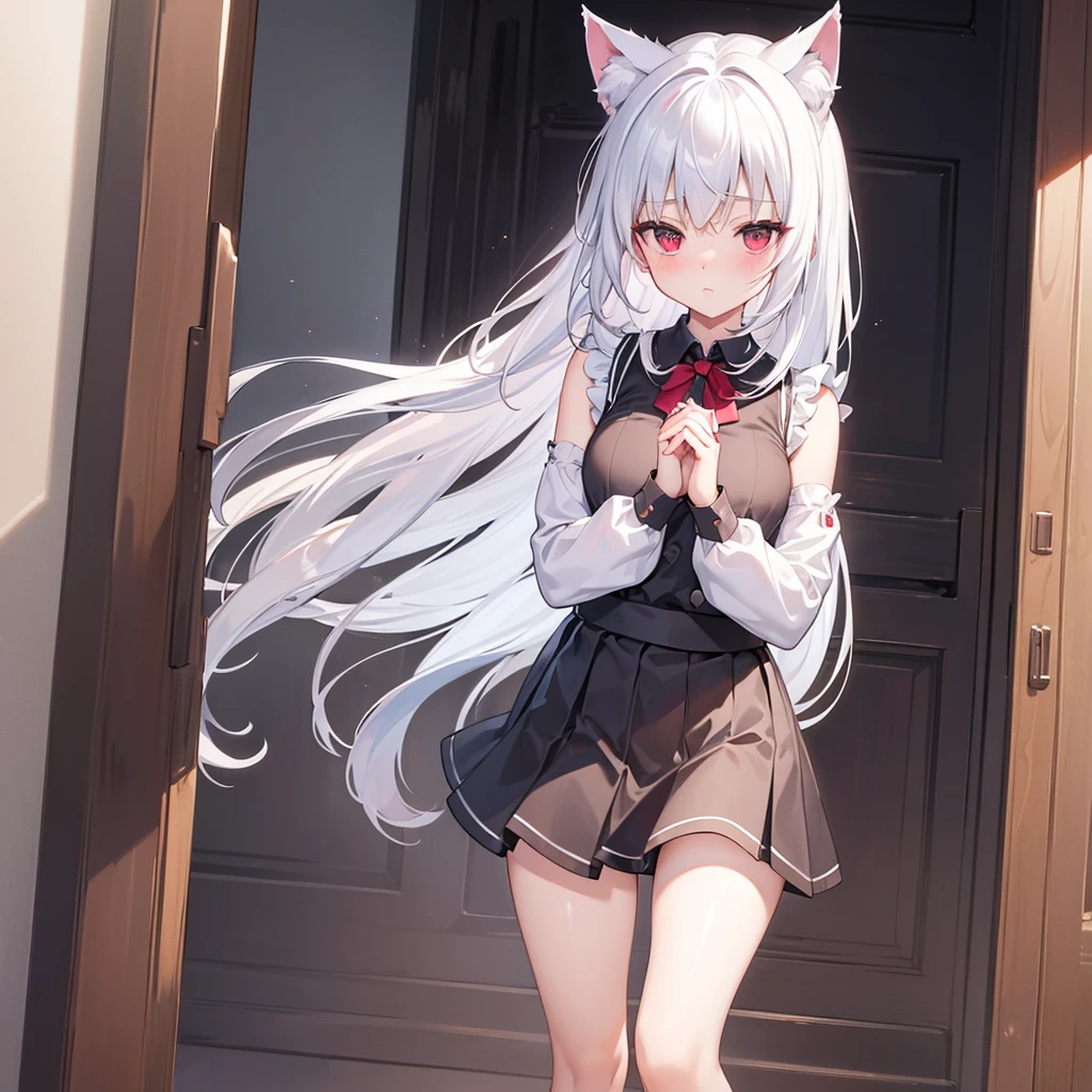 ((masterpiece, Highest quality, Highly detailed CG, unity 8k wallpaper,)), One woman, darkness、 Maid clothes with short skirts、I can barely see your face、Red eyes、assassin、Eyes that shine mysteriously、White Hair、Wolf Cut、I can see your thighs、I can see your underwear、Cat ears、Pants-like skirt、Shoulders stick out、Lace underwear、Embarrassed look、Pull up your skirt with your own hands、Blushing, 