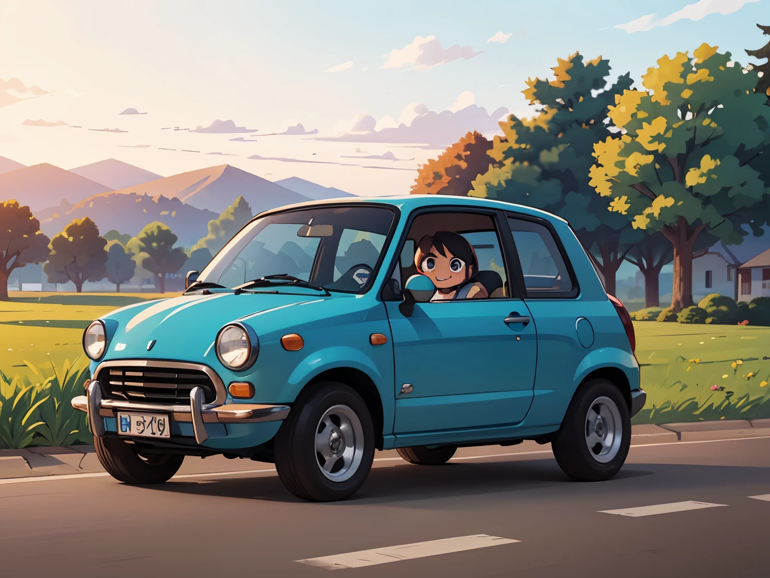 Octane Rendering、(Ultra fine: 1.2)、(Soft Light、sharp: 1.2)、evening、countryside、A very small old red modified minicar，Front spoiler，Rear wing，Over fender，Sports Muffler，Very short dress、Cute young girl，Driving a car，Dynamic Driving Experience，street，countrysideのライフスタイル，Fast and Agile，Agile handling，Do a four-wheel drift，sneakers，Anatomically correct，Laughter，Dazzling Light，It will happen:1.2，Tamiya box art:1.2，Beautiful sunset，