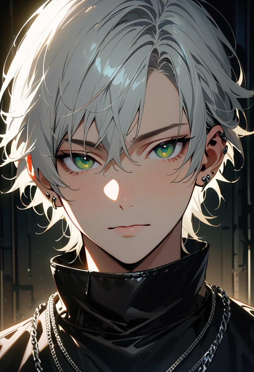 (looking at viewers), (black plain shirt), dark aura, (no accessories), (white hair:1.3), white hair, white, 1 boy