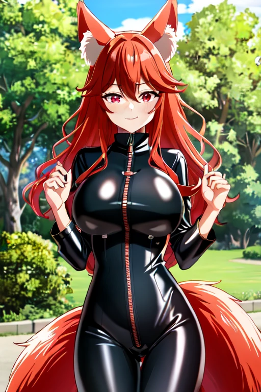 (extremely detailed CG unity 4k wallpaper),(masterpiece),(best quality),(ultra-detailed),(best illustration),(best shadow),(absurdres),(detailed background), Flay, 1girl, animal ears, solo, breasts, tail, long hair, zipper, bodysuit, large breasts, fox ears, red eyes, looking at viewer, fox tail, latex, multicolored hair, black bodysuit, latex bodysuit, hair between eyes, smile, animal ear fluff, red hair, skin tight, blush, cowboy shot, bangs, outdoors, gradient hair, full-length zipper, standing, closed mouth, zipper pull tab