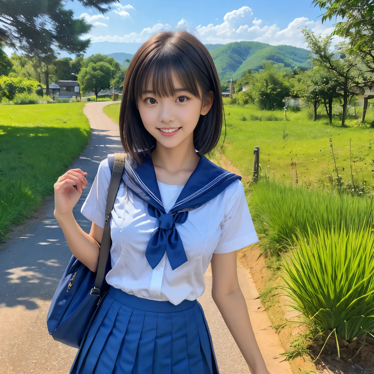 nsfw:1.3, Best Quality, masterpiece, Ultra-high resolution, (Realistic:1.2), RAW Photos, Depth of written boundary, Professional Lighting, Perfect Anatomy, Very detailed, Beautiful Japanese Schoolgirl Solo, cute, (1) ,  (A very cute face in the style of a Japanese idol), smile, Black Hair, Slightly longer bob hair, bangs, (White short sleeve shirt, Sailor school uniform, Navy blue pleated skirt:1.2), A beautiful and balanced face, Beautiful Eyes, Delicate hair,  (Small breasts),  Carry a school backpack, (Walk through beautiful countryside,Going home:1.3),　