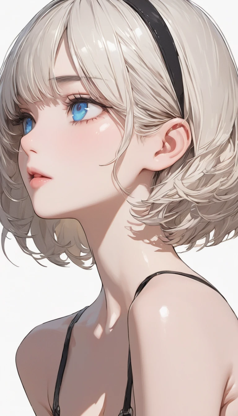 {(masterpiece,best quality, 16K portrait, UHD, extremely detailed the work, detailed beautiful face and eyes and skin and hair)} 
BREAK {(comic-illustration-image style:1.2)} 
BREAK {1 adult-woman,(2B of Nier-Automa), (pale-off-white colored hair, short cut hair),(very small Almond-shaped eyes:1.2),(attractive blue-gray eyes),(left-eye hidden by bangs),(slender body),(medium breasts,cleavage),captivating lips,(thin thighs)} 
BREAK {(sensual look),(looking away)} 
BREAK {(Nier-Automata-2B white-costume),(black hairband),(black long-stockings),(black over-the-knee boots)} 
BREAK {(white background),(background shadow)} 
BREAK {closeup eyes,profile}