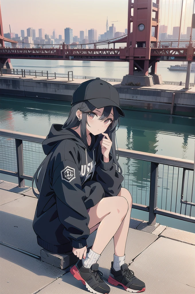 skyscraper, building, city, cityscape, hat, earrings, baseball_cap, 1girl, long_hair, jacket, chain-link_fence, hood, bridge, solo, architecture, shoes, sitting, city_lights, east_asian_architecture, looking_at_viewer, , neonpunkai