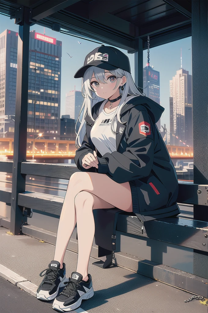 skyscraper, building, city, cityscape, hat, earrings, baseball_cap, 1girl, long_hair, jacket, chain-link_fence, hood, bridge, solo, architecture, shoes, sitting, city_lights, east_asian_architecture, looking_at_viewer, , neonpunkai