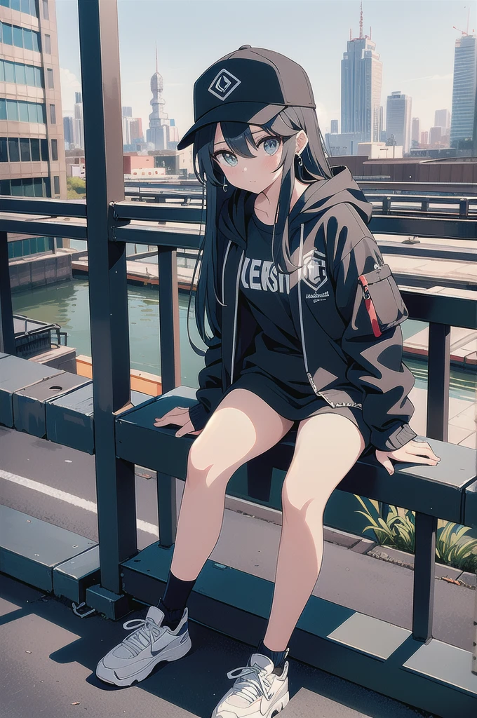 skyscraper, building, city, cityscape, hat, earrings, baseball_cap, 1girl, long_hair, jacket, chain-link_fence, hood, bridge, solo, architecture, shoes, sitting, city_lights, east_asian_architecture, looking_at_viewer, , neonpunkai