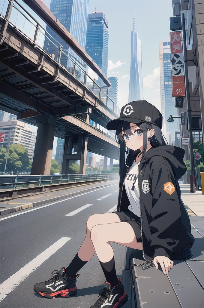 skyscraper, building, city, cityscape, hat, earrings, baseball_cap, 1girl, long_hair, jacket, chain-link_fence, hood, bridge, solo, architecture, shoes, sitting, city_lights, east_asian_architecture, looking_at_viewer, , neonpunkai