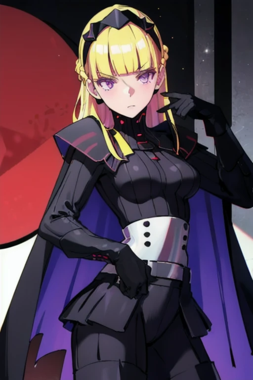 AmSW, 1girl, solo, long hair, blonde hair, black gloves, purple eyes, black hairband, cape, black bodysuit, medium breasts, braid, blunt bangs, 