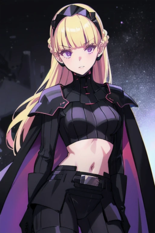 AmSW, 1girl, solo, long hair, blonde hair, black gloves, purple eyes, black hairband, cape, black bodysuit, medium breasts, braid, blunt bangs, 