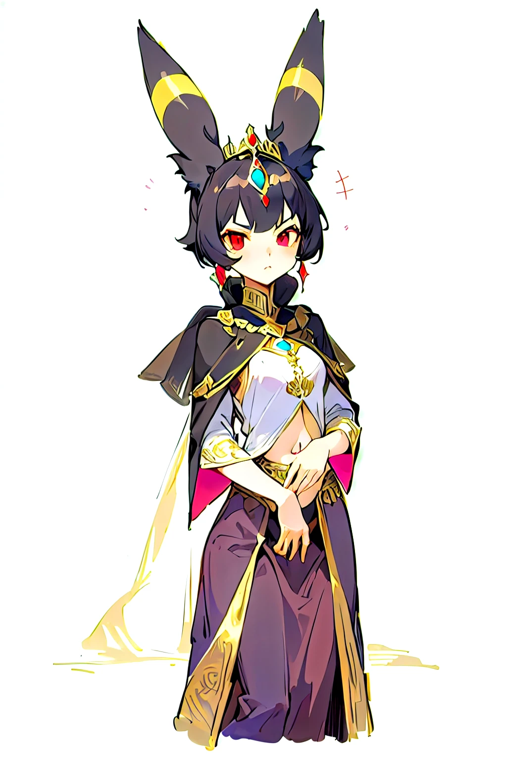 A medieval princess with Umbreon-like ears, inspired by the attire of Arab royalty during the later medieval period. She wears an elegant royal gown adorned with intricate gold embroidery and patterns, reflecting the noble fashion of the late Middle Ages. Her gown is a deep white with a flowing black cape, while her Umbreon-like ears are adorned with delicate medieval jewelry, including small rings. Despite the regal look, her anime-style features stand out—sharp, defined red eyes and a serious expression. Her outfit is a two-piece set: a pastel pink top that covers her chest but leaves her navel exposed, paired with a long, flowing skirt with gold details on the pink fabric. The scene is set in a grand castle courtyard or throne room, framed by medieval architecture in the background. She has a petitte aparience and big hips.