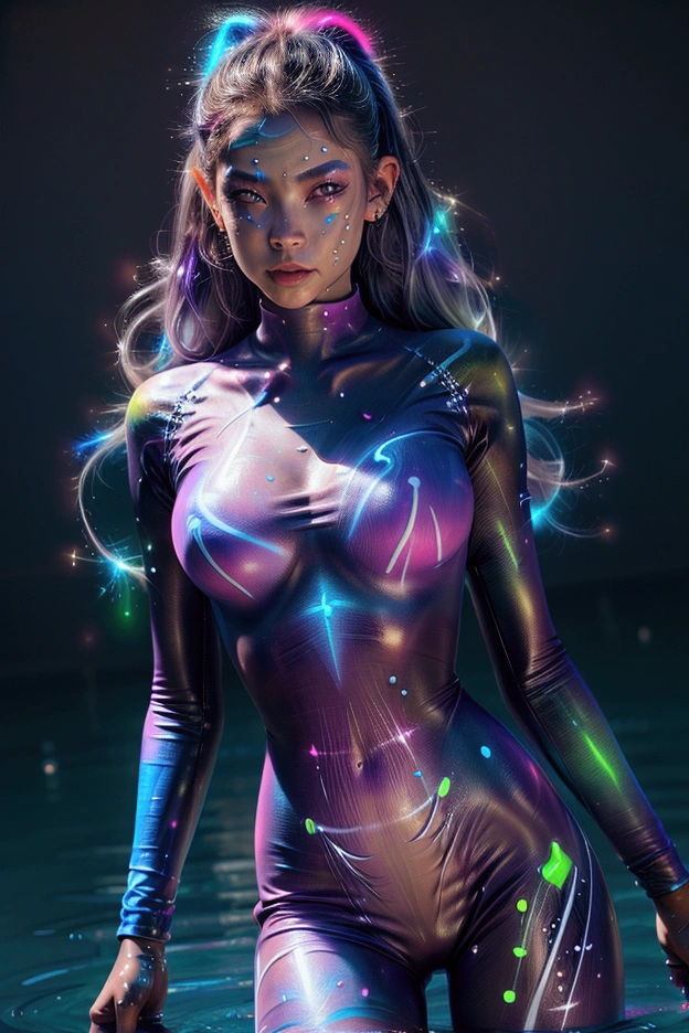 Marta Gromova, Ultra detailed illustration of the silhouette of a woman, phantasmagorical figure, (((translucent skin:1.5))), (((translucent body:1.5))), neon lights, light particles, colorful, cmyk colors, backlit,