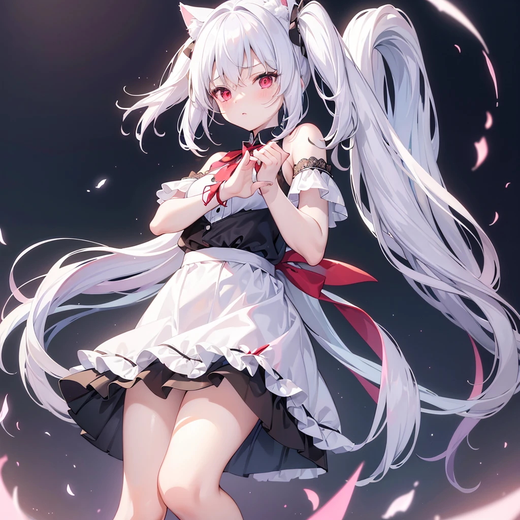 ((masterpiece, Highest quality, Highly detailed CG, unity 8k wallpaper,)), One woman, darkness、 Maid clothes with short skirts、I can barely see your face、Red eyes、assassin、Eyes that shine mysteriously、White Hair、ショートボブ、I can see your thighs、I can see your underwear、Cat ears、Pants-like skirt、Shoulders stick out、Lace underwear、Embarrassed look、Pull up your skirt with your own hands、Blushing, 