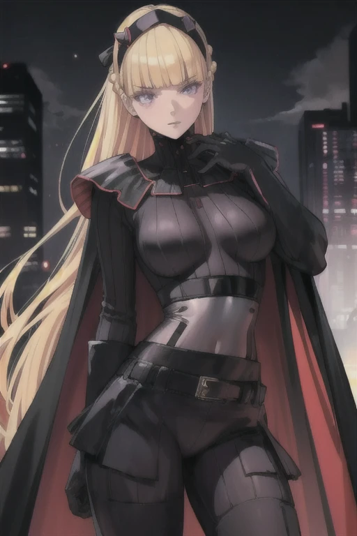 AmSW, 1girl, solo, long hair, blonde hair, black gloves, purple eyes, black hairband, cape, black bodysuit, medium breasts, braid, blunt bangs, 