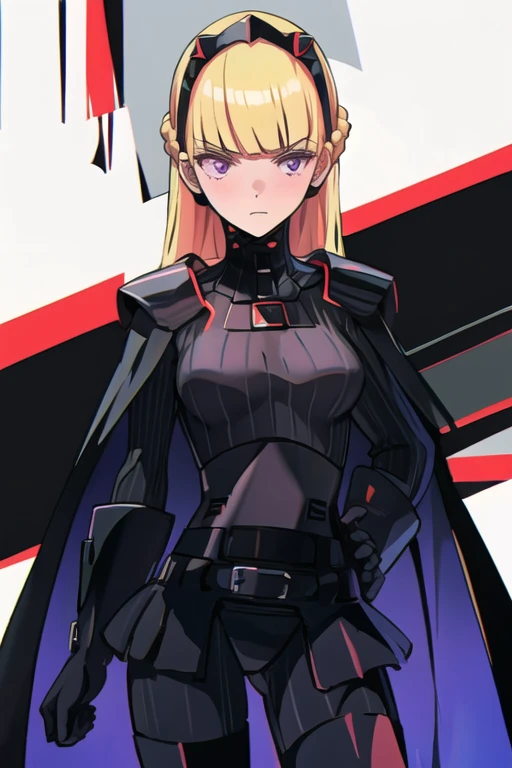 AmSW, 1girl, solo, long hair, blonde hair, black gloves, purple eyes, black hairband, cape, black bodysuit, medium breasts, braid, blunt bangs, 