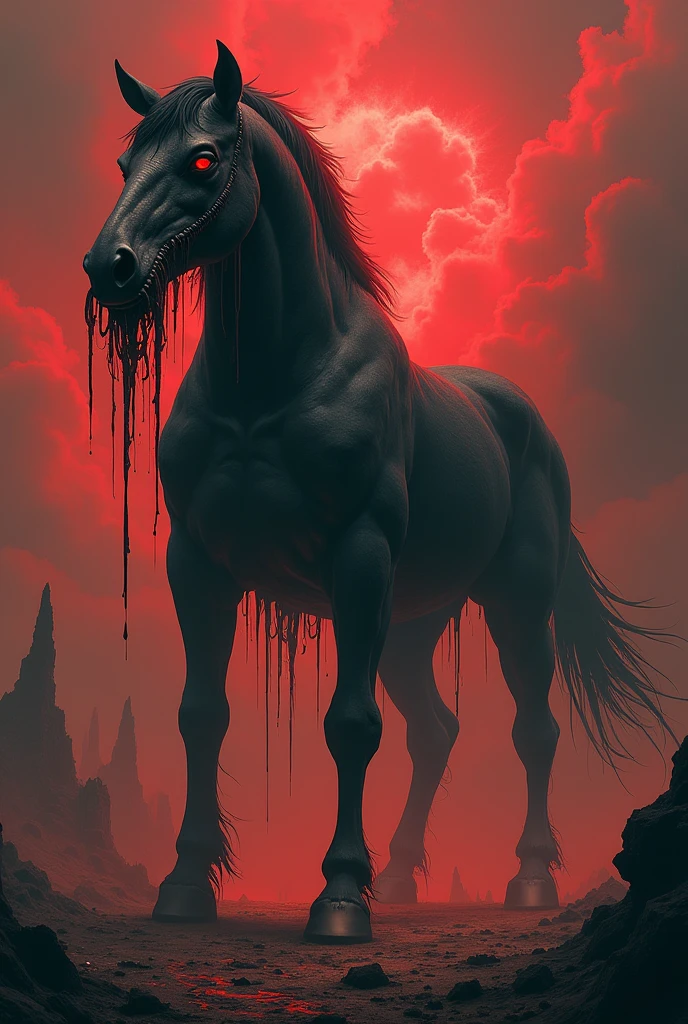 The image with a not so colorful night landscape and the moon illuminating a colorful unicorn with bloody red eyes and large fangs eating a human