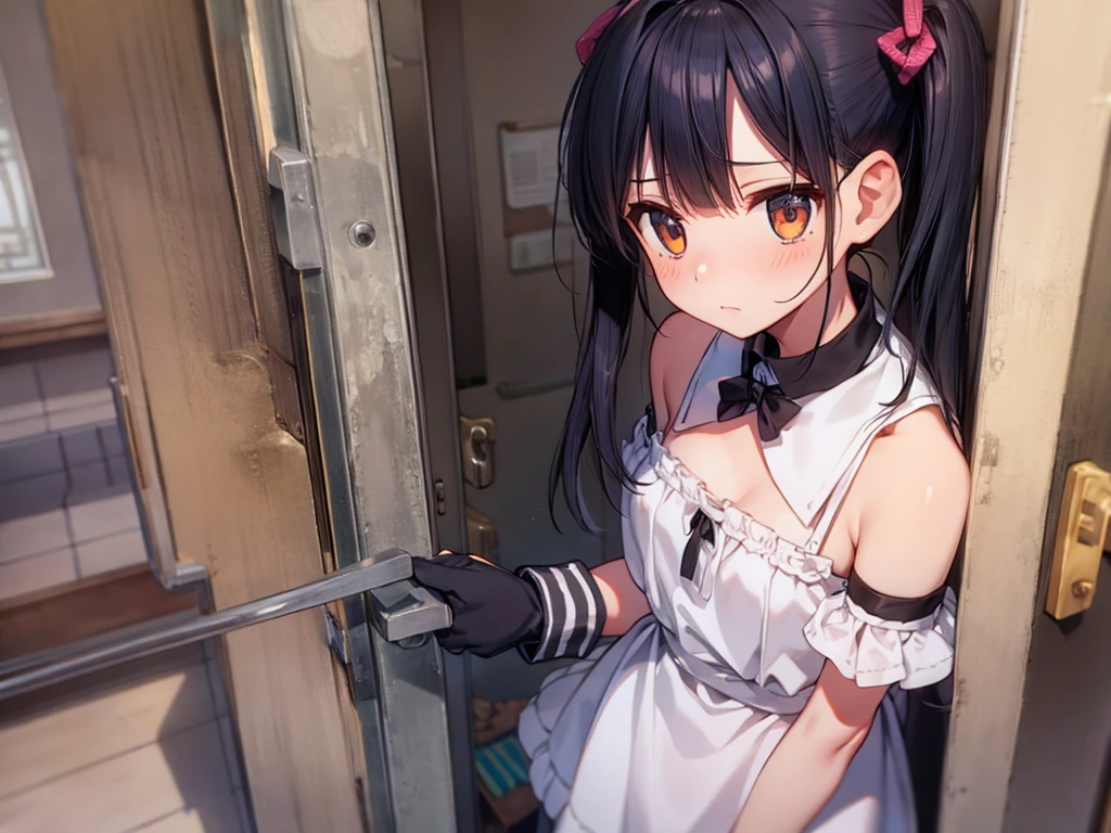 A beautiful girl presenting her panties in front of a washing machine, Laundry room, Laundry basket, a few underwears are in a Laundry basket, white sleeveless blouse, black mini circle skirt, white panties with lace, (Pay attention to the panties, Quality underwear, Panties as a gift), big round breasts, dark brown hair, long bangs, long hair, twintails, wavy hair, shiny hair, hair ribbon, hairclip, aqua eyes, glowing eyes, pupils sparkling, clenched teeth, shy, embarrassed, blush, nervous, nervous smile, glossy lips, disgust, high detail, anime, anime style, chiaroscuro, cinematic lighting, dithering, image fill, multiple views, from above, atmospheric perspective, perspective, Wide-Angle, f/1.8, 85mm, Nikon, 8k, super detail, UHD, retina, masterpiece, accurate, anatomically correct, textured skin, high details, best quality, highres, 16k