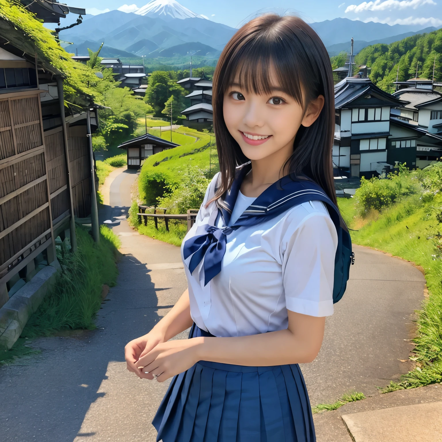 nsfw:1.3, Best Quality, masterpiece, Ultra-high resolution, (Realistic:1.2), RAW Photos, Depth of written boundary, Professional Lighting, Perfect Anatomy, Very detailed, Beautiful Japanese Schoolgirl Solo, cute, (1) ,  (A very cute face in the style of a Japanese idol), smile, Black Hair, Slightly longer bob hair, bangs, (White short sleeve shirt, Sailor school uniform, Navy blue pleated skirt:1.2), A beautiful and balanced face, Beautiful Eyes, Delicate hair,  (Small breasts),  Carry a school backpack, (Beautiful mountain villages of Japan、Wide々Walking through the beautiful countryside,Going home:1.3),　