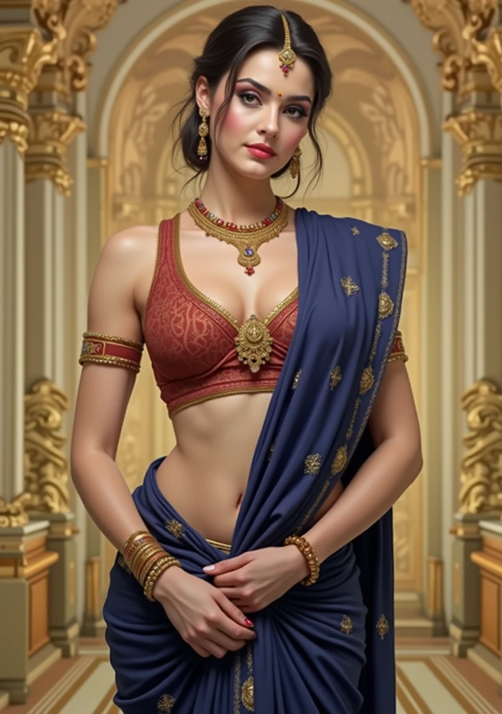 nsfw:0.6、smile、Cowboy Shot、Nipples are visible、((Beautiful young Indian woman))、(Dark Skin)、Black Hair、((Big Breasts))、((A sheer sari dress with intricate embellishments))、(((Ultra tight blue saree)))、Lots of accessories、maharaja、Slender women、 8K Ultra HD,Detailed face、Delicate texture, (((Trendy hairstyle)))、Taj Mahal、Temples in India、Beautiful and majestic palace、((Delicate photo)),(Girl Astepeace RAW Photo Details:1.25), (Highest quality:1.6), (Ultra-high resolution:1.5), (Realistic:1.75), 8K resolution, Canon EOS R5, 50mm, Absurd, Very detailed,Cinema Lighting、