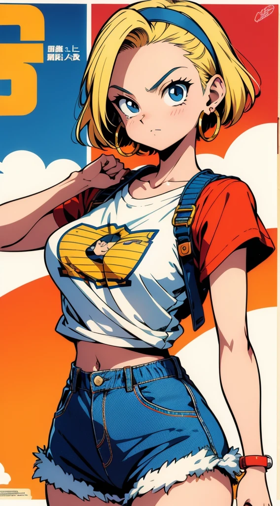 Beautiful girl with short blonde hair, hoop earrings, Printed T-shirt, cinematic angle, vibrant colors, 90s vintage style, retro style, 90s, 90s anime style, Akira Toriyama style, Toriyama style, Retro Japanese poster, vintage 90s poster, manga page made by Toriyama , Vintage Toriyama style poster