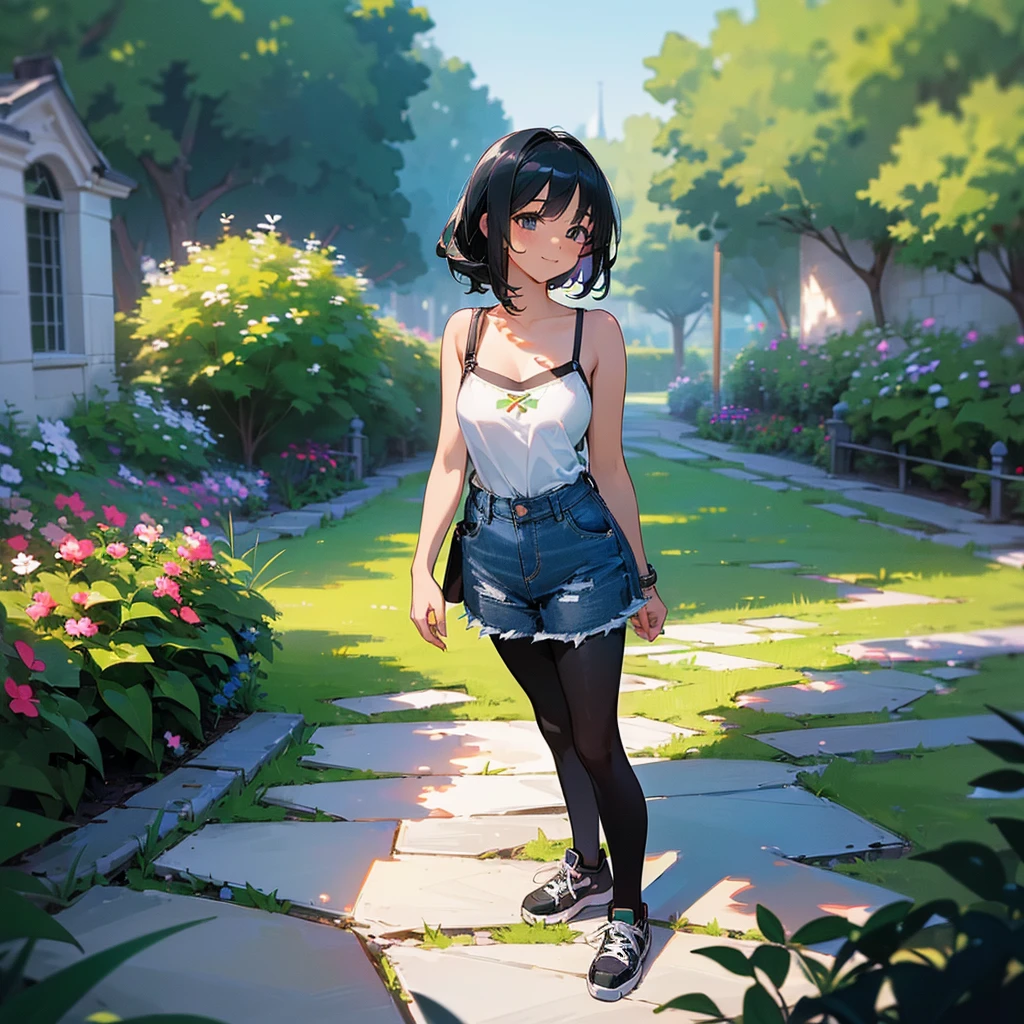 (high quality, High resolution, Very detailed, reality:1.37), Peaceful atmosphere, (Outdoor, garden), Teenage girl standing alone, (my breasts are big.), Beautiful details, Cute Smile, (Black bob hair), camisole, Denim skirt, Black tights, sneakers.