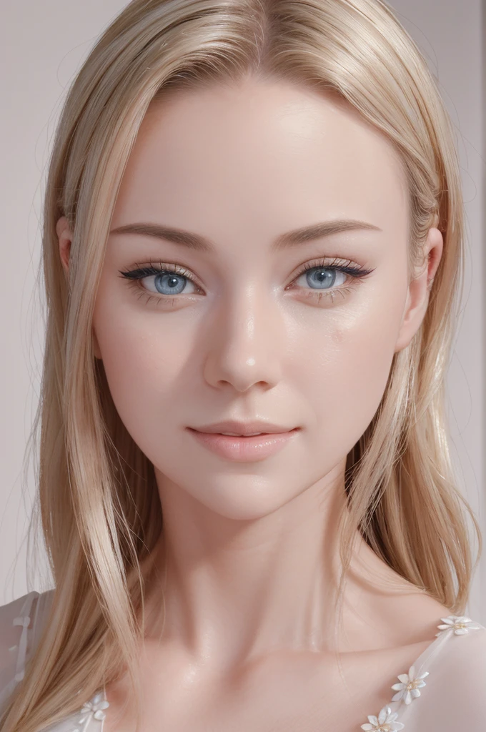 a beautiful blonde adult woman, detailed face, beautiful detailed eyes, beautiful detailed lips, extremely detailed face and skin, modest white dress, silk flower background, cinematic lighting, night, photorealistic, (best quality,8k,highres,masterpiece:1.2),ultra-detailed,(realistic,photorealistic,photo-realistic:1.37),professional,vivid colors,studio lighting