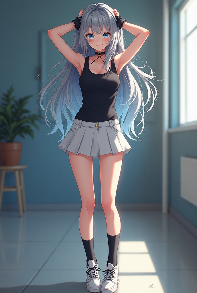 Highest quality 8K resolution,masterpiece, Exquisite detail, Realistic, Realistic, Soft tones,Color Palette, Alone, (20 year old girl:1.6),(Small eyes:1.5), (Long Straight Hair:1.5), Shiny light pink hair,Asymmetrical bangs,No bra, (Sleeveless lift:1.6),(Simple underwear),Beautiful proportions,(Happy face:1.4),Open your mouth,(Shiny white skin),Very beautiful detailed eyes,blue eyes, (Mid-chest), necklace,Earrings,accessories,Cowboy Shot, Are standing, indoor,Detailed clothing,(Embarrassed look),7 lifespan,(Standard body type)