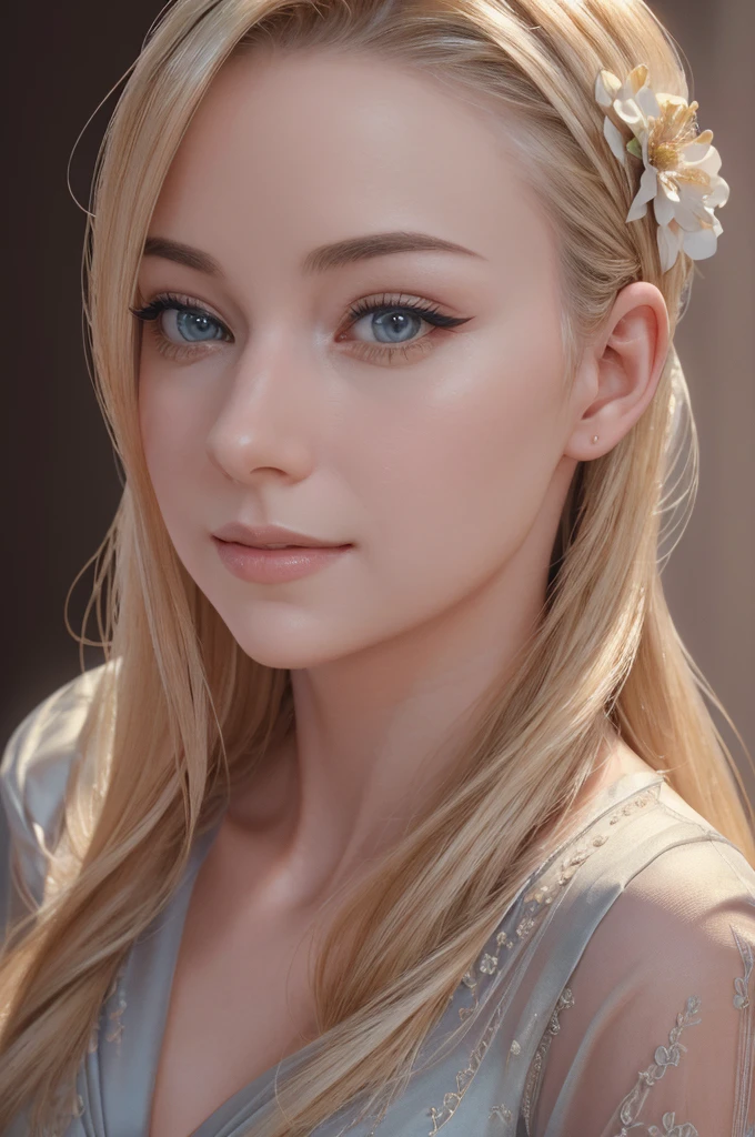 A beautiful blonde adult woman with a soft face, extremely detailed eyes and face, long eyelashes, wearing modest clothes, elegant silk flower background, cinematic photorealistic lighting, dramatic night scene, (best quality,4k,8k,highres,masterpiece:1.2),ultra-detailed,(realistic,photorealistic,photo-realistic:1.37),cinematic,dramatic,moody,warm light