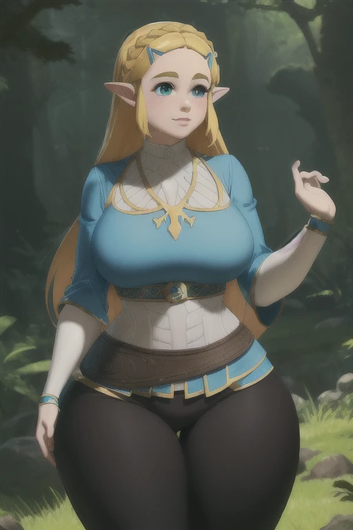 ((masterpiece)), (best quality), (detailed), (1 girl), zelda, large breasts, sexy, sumg face, looking at viewer, beautiful eyes, forest, blue zelda shirt