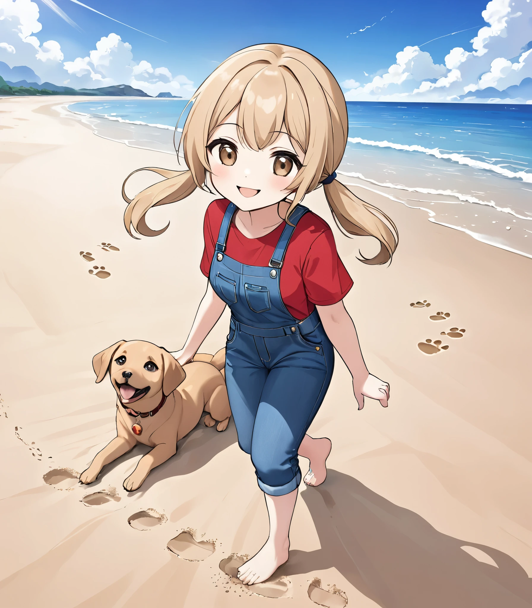 Light blue long hair、Twin-tailed Chibi Character、blue sky、White Clouds、Seaside sand beach、Footprints in the sand、Face Highlights、Red T-shirt and denim jumpsuit、My beloved Labrador Retriever、Footprints of a girl and her dog in the sand、A happy smile、The footprints are clear、