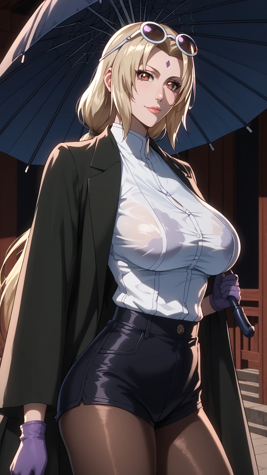 score_9, score_8_up, score_7_up, score_6_up, uncensored, tsunade senju \(naruto\), long hair, blonde hair, forehead, forehead mark, low ponytail, lips, brown eyes, BREAK (masterpiece:1.2), best quality, high resolution, (beautiful detailed eyes:1.3), perfect lighting, (perfect hands, perfect anatomy), large breasts, sagging breasts, umbrella, holding umbrella, thug shirt, 1girl, high-waist shorts, solo, breasts, round eyewear, eyewear on head, pantyhose, umbrella, shirt, white shirt, large breasts, shorts, black jacket, sunglasses, looking at viewer, jacket, long sleeves, holding umbrella, thighs, pantyhose under shorts, black shorts, smile, black pantyhose, purple gloves, gloves, transparent umbrella, cowboy shot, spider web print,
