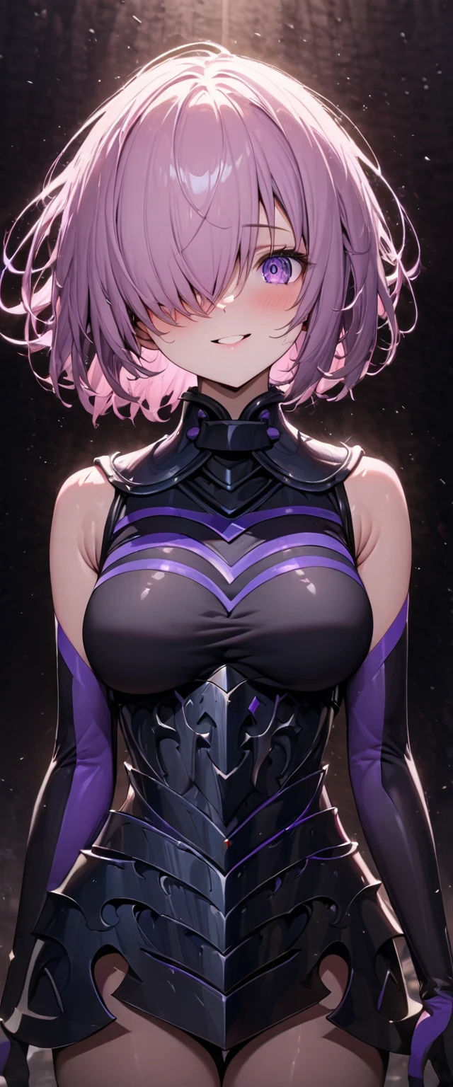 whole body, masterpiece, Best Quality, One girl, (Detailed), Dark armor, Dark Cross Shield, Mash Kyrielight, Light purple hair, Short Hair, Hair falling over one eye, smile, Slim body, Fine grain, Super detailed, Surreal, 8k, Cinema Lighting, Dramatic lighting, Dramatic atmosphere, Intricate details, Exquisite detail, Perfect Skin, Beautiful Face, elegant posture, A powerful presence, Captivating Expressions, Vibrant colors, Stunning contrast