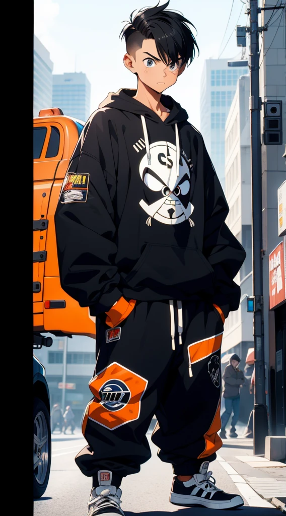 Boy with short black hair, buzz cut, mid fade, sweatshirt, sweatpants, sneakers, baggy clothes, cinematic angle, 90s anime style, vintage style, Akira Toriyama style, Toriyama style, 90s Toriyama, vibrant colors and lots of contrast.